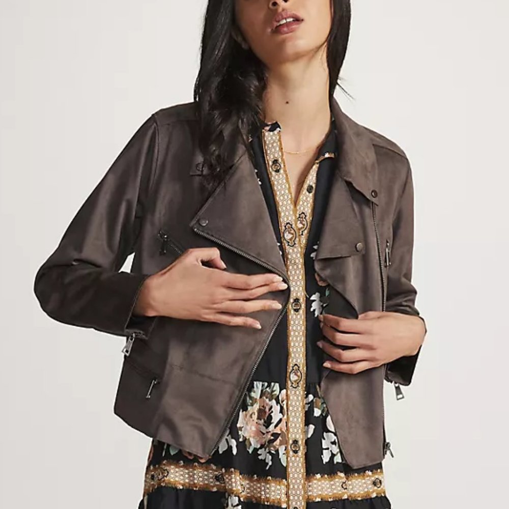 Anthropologie Hutch Vegan Faux Suede Moto Jacket Brown Gray - XL